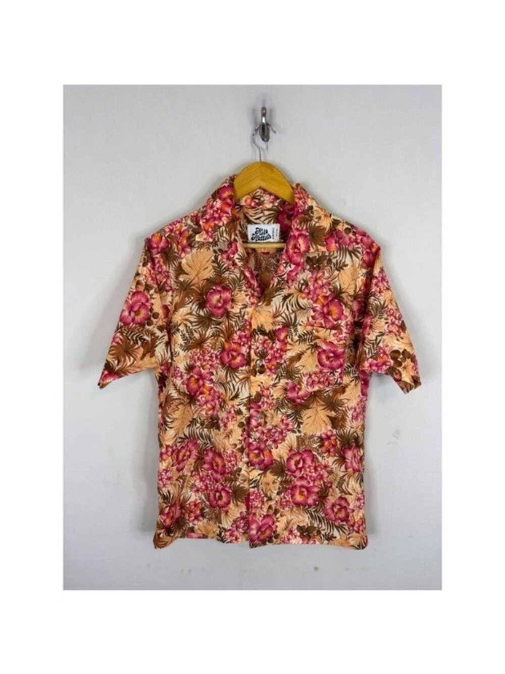 Vintage Hilo Hattie Hawaii Mens Floral Button Down Shirt Pink Orange Brown M